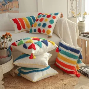 Rainbow Tufted Throw Pillow Cover Woven Colorful Tufting Neutral Pillow Cases Modern Cushion Covers